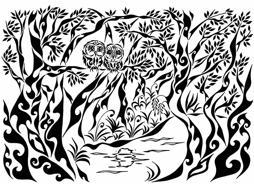 月夜が綺麗なフクロウの夫婦の棲む森【著作権：ゴネモリ アート】