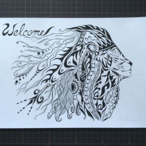 処女作のライオンをモチーフにした模様アート！お客様をお出迎えするウェルカムライオン