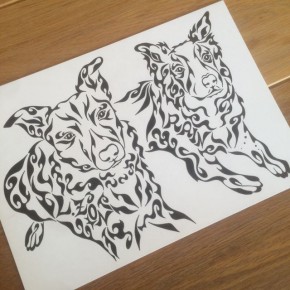 ペットのボーダーコリー犬をモチーフに模様に名前も入れたアートな絵のオーダーメイド