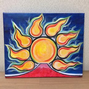 【太陽と赤富士】アクリル絵画　F３号の小さな絵